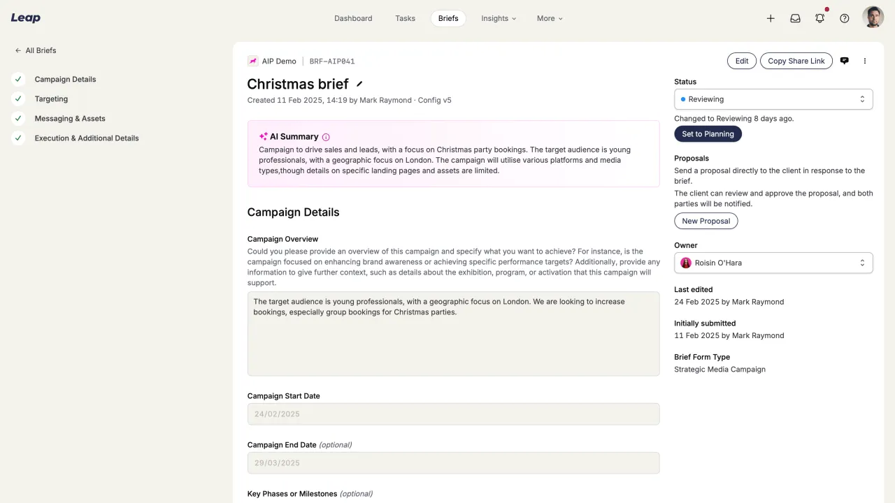 AIP Leap platform UI, showing a list of submitted briefs and an activity feed