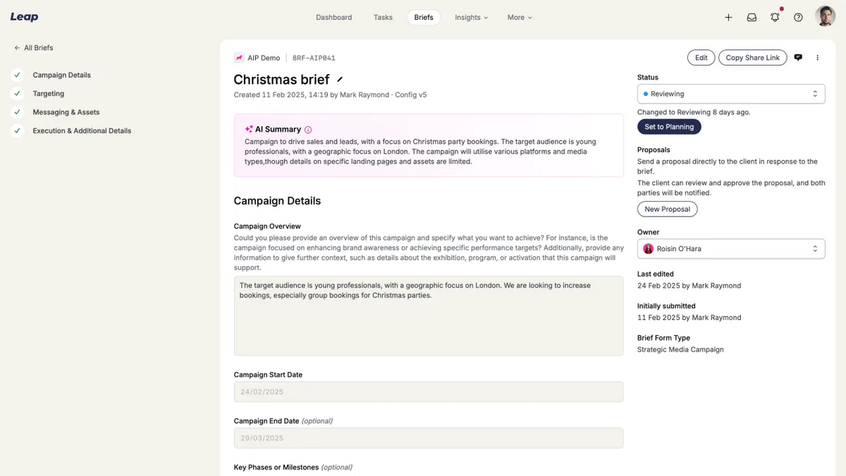 AIP Leap platform UI, showing a list of submitted briefs and an activity feed