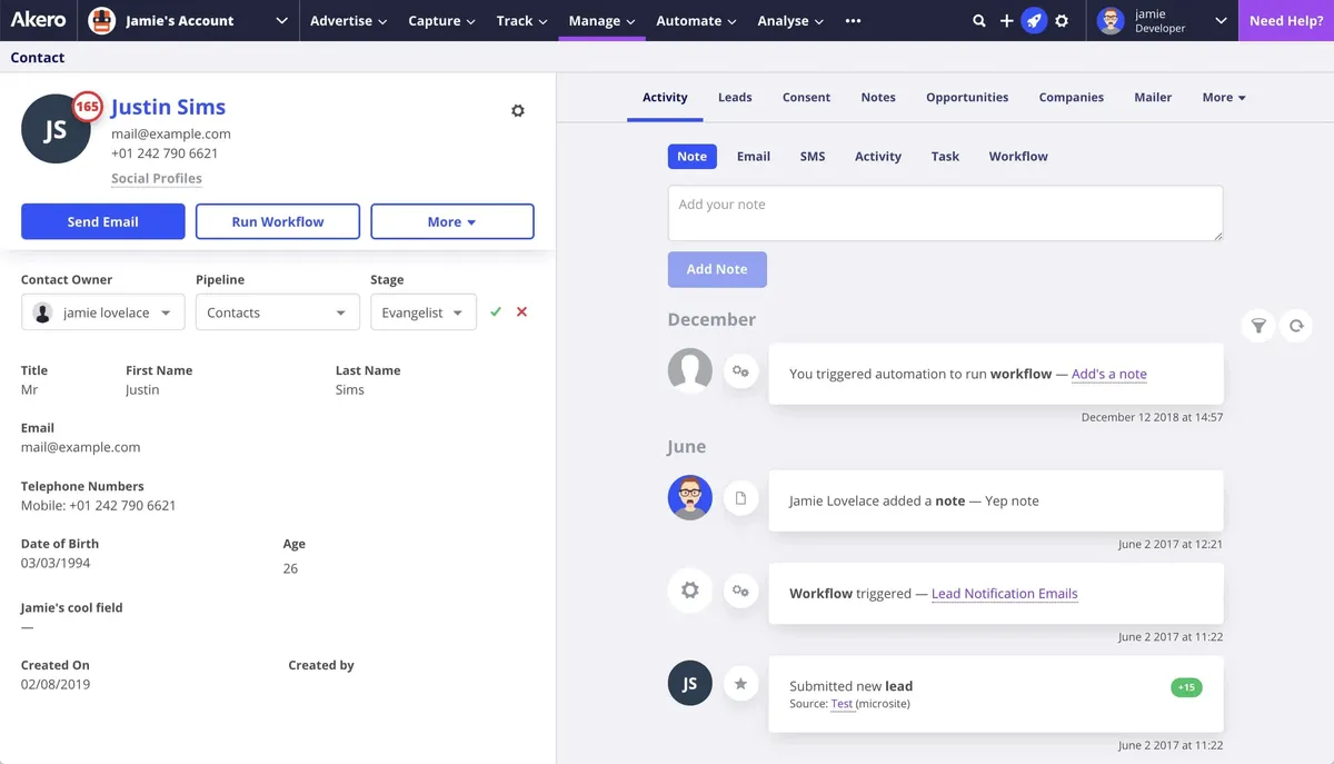 Profile view of a potential lead in Akero's CRM platform