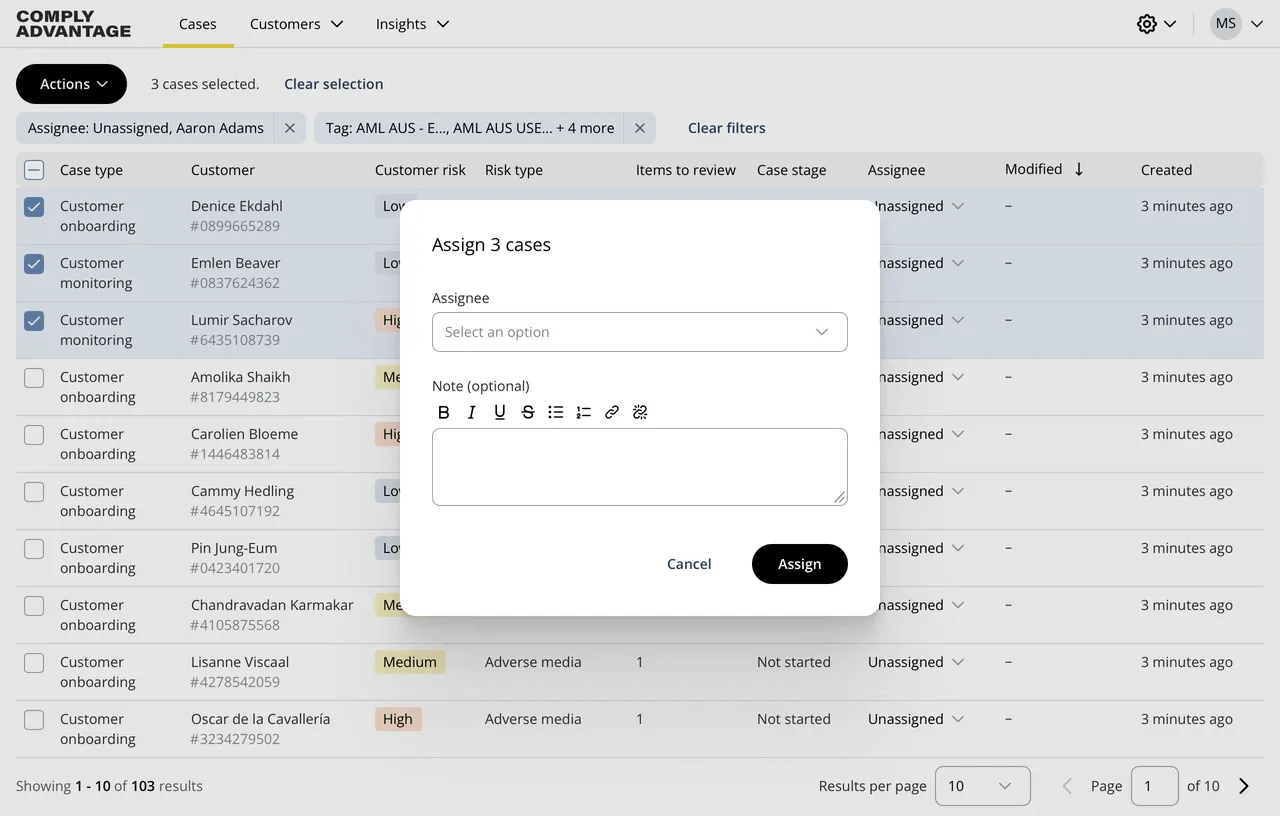 Case list with bulk actions UI displaying a list of cases in a table, with a popover for bulk actions