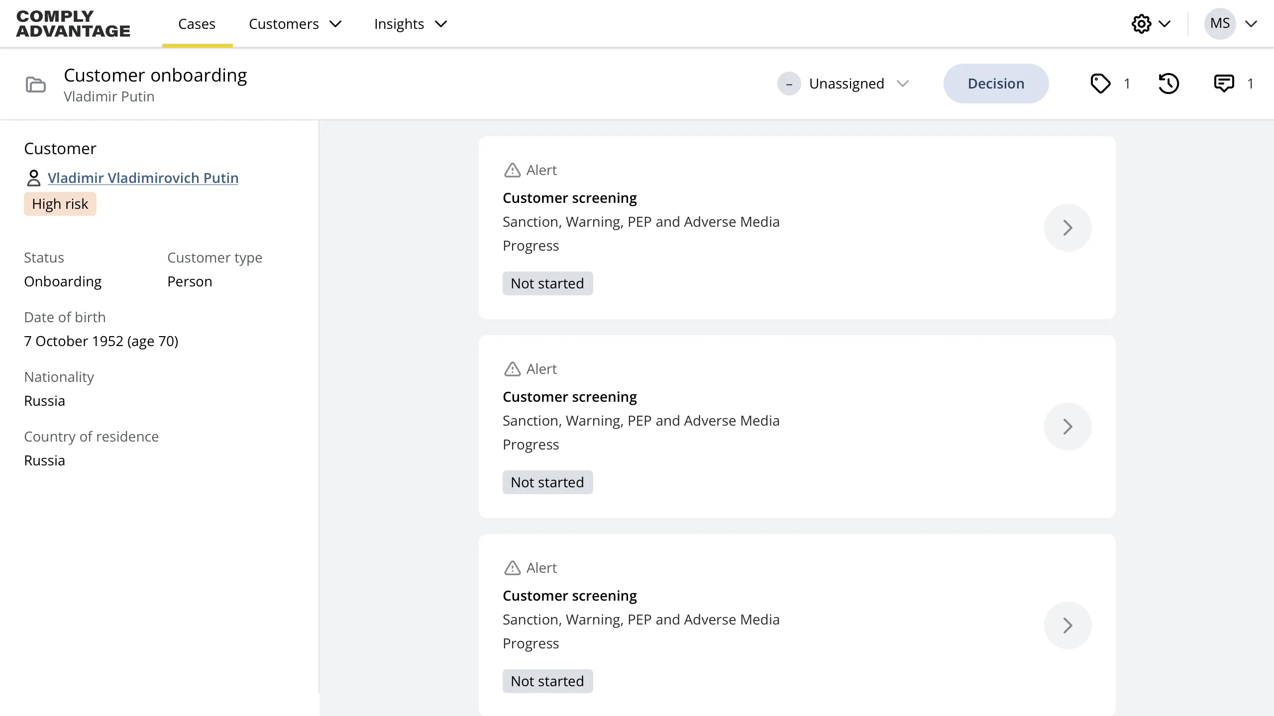 Case details UI displaying a list of cases in a table, with a popover for bulk actions