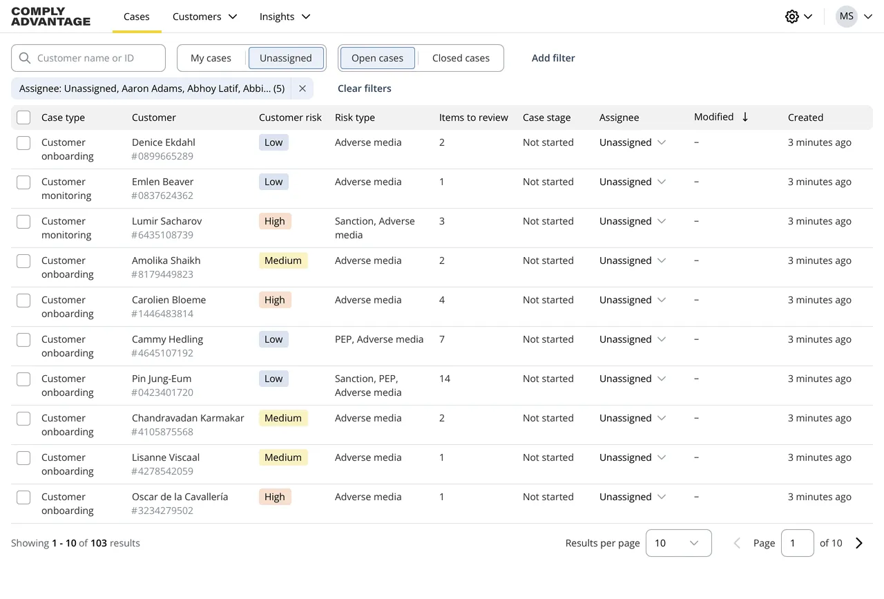 Case list UI displaying a list of cases in a table, with a filter and search bar along with applied filters