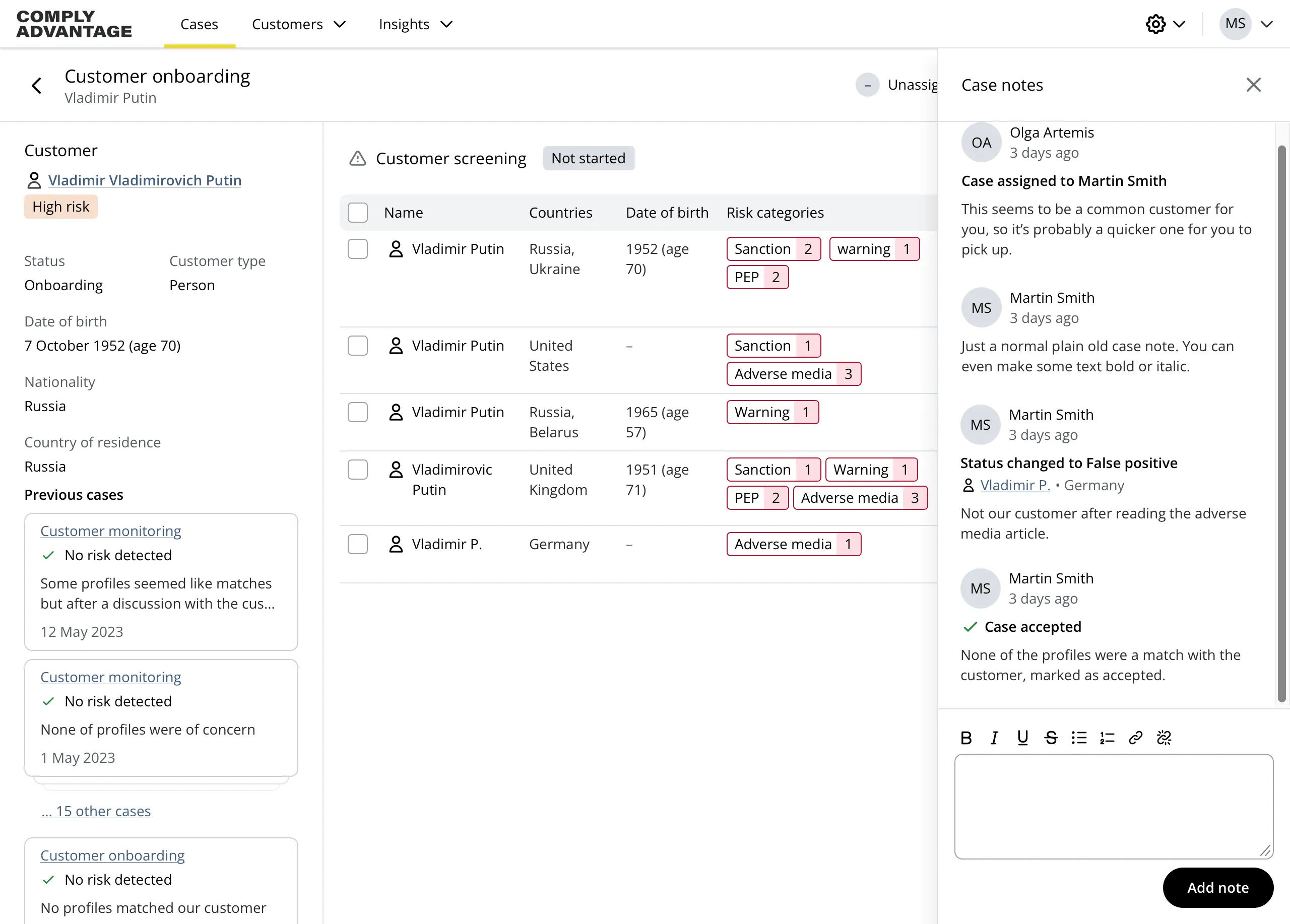 Case list with editing filters UI displaying a list of cases in a table, with a popover for editing the current filters