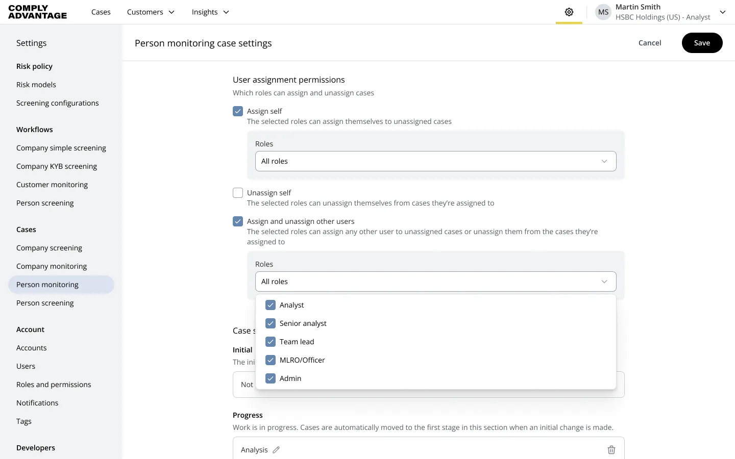 Case list with editing filters UI displaying a list of cases in a table, with a popover for editing the current filters