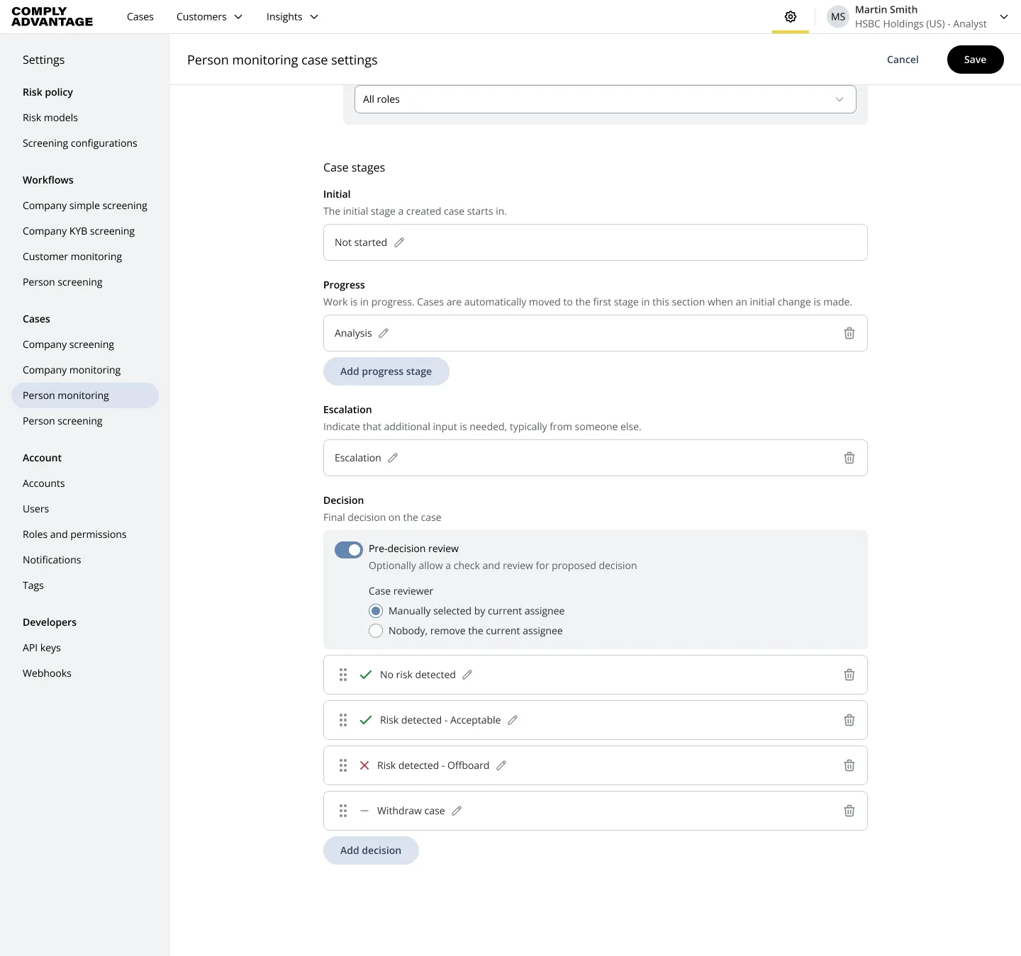 Case list with editing filters UI displaying a list of cases in a table, with a popover for editing the current filters