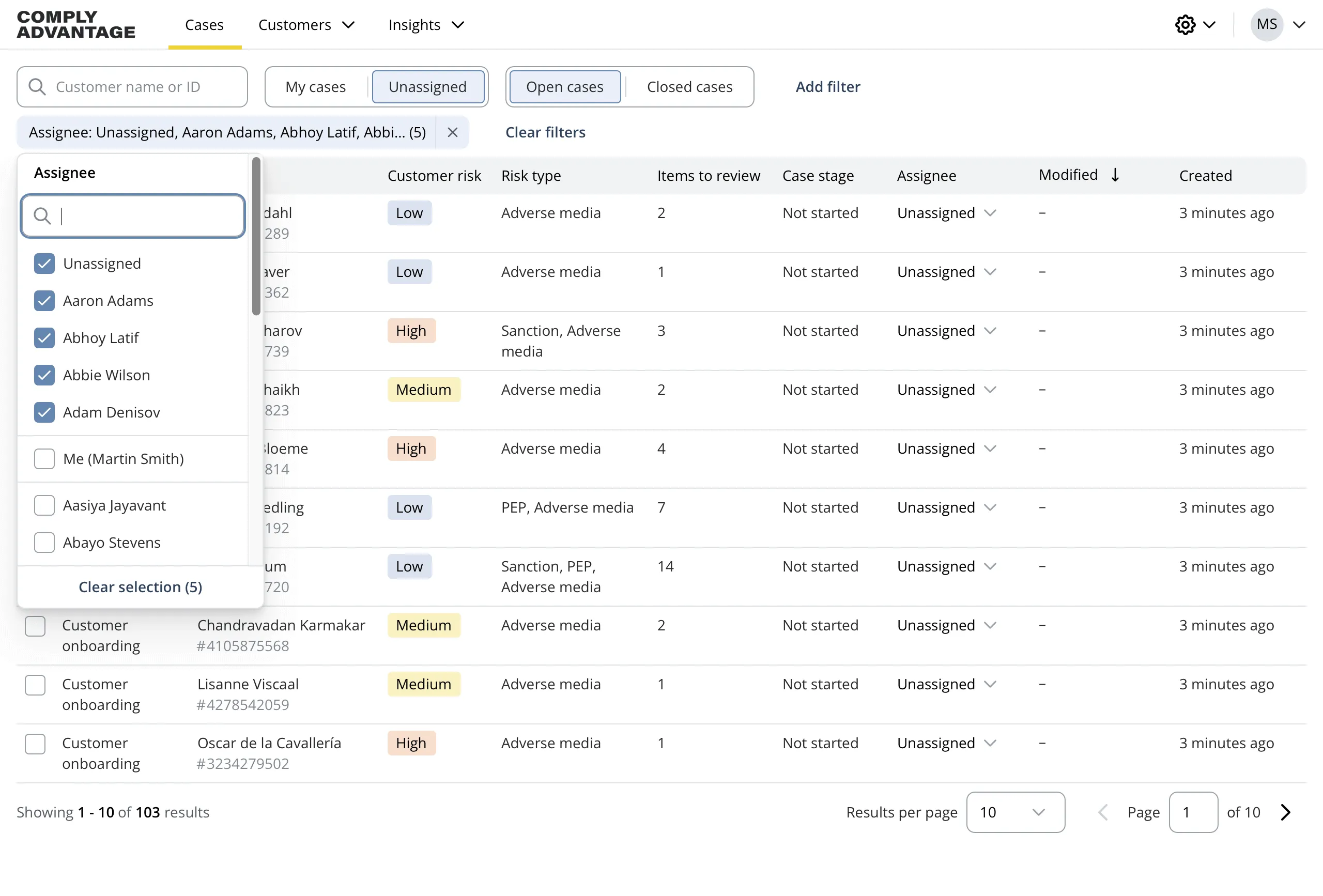 Case list with editing filters UI displaying a list of cases in a table, with a popover for editing the current filters