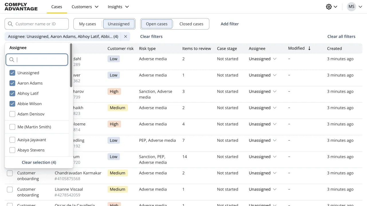ComplyAdvantage new platform UI, showing a list of open cases and editing an assignee filter