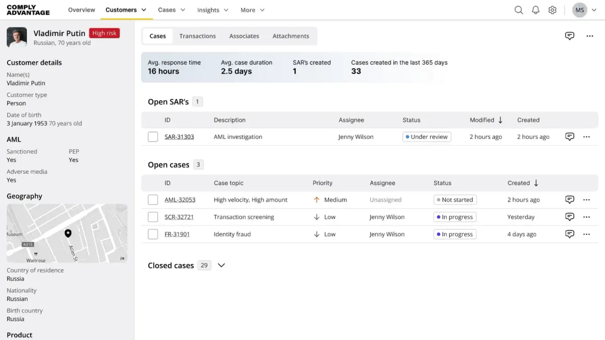 ComplyAdvantage customer transaction behaviour ui, showing avg transaction size, count and volume over time