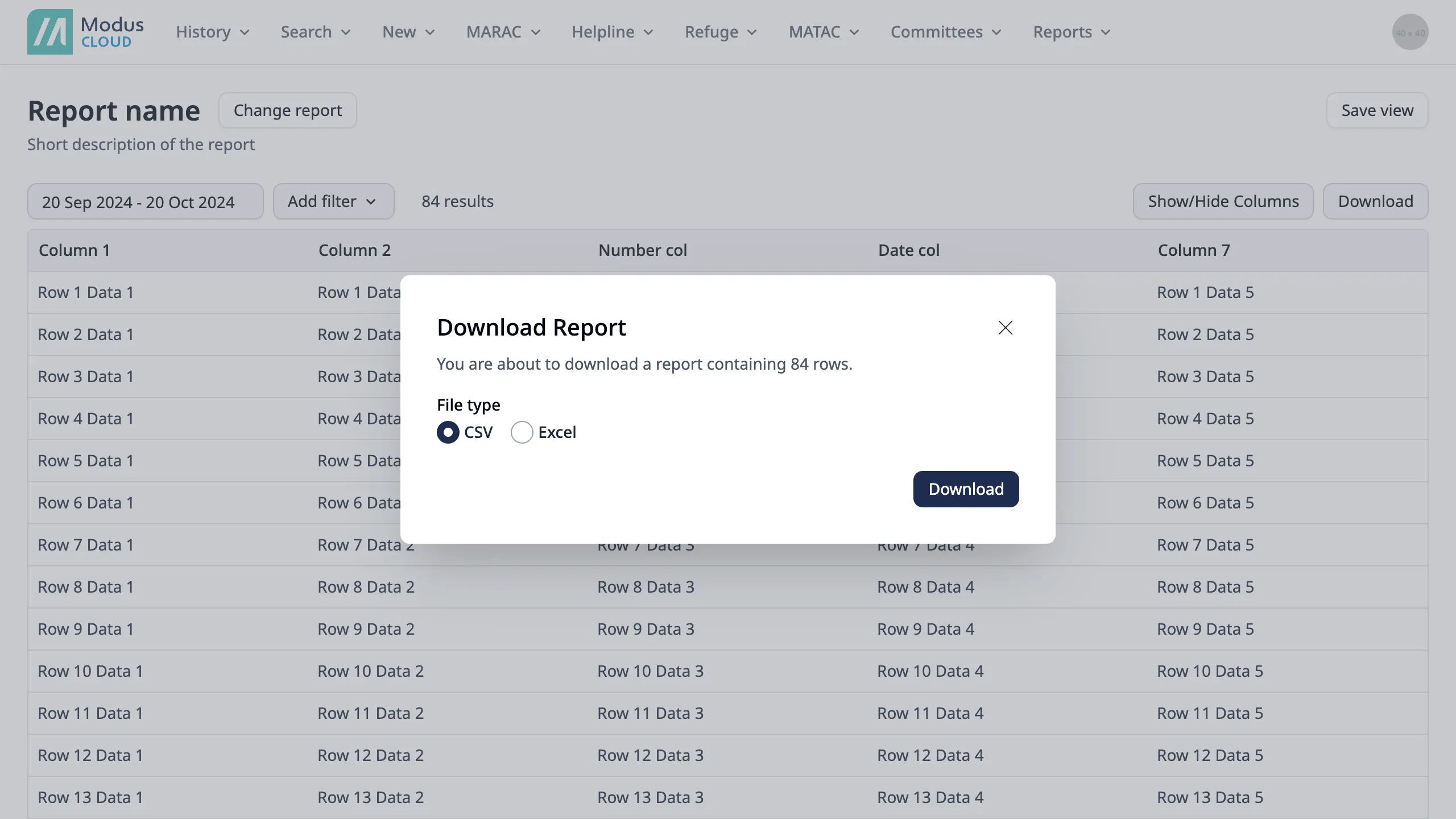 Dialog presenting the options to export the report Dialog presenting the options to export the report
