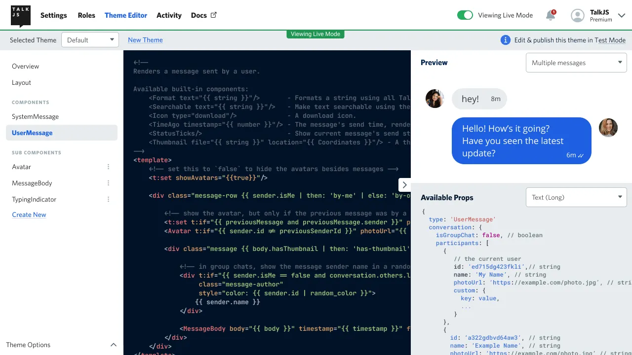 TalkJS theme editor ui, showing a list of components, a preview and the code to edit